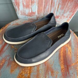 OluKai Kākaha Nia Men's Leather Slip On Loafers Mood Indigo Blue Size 13